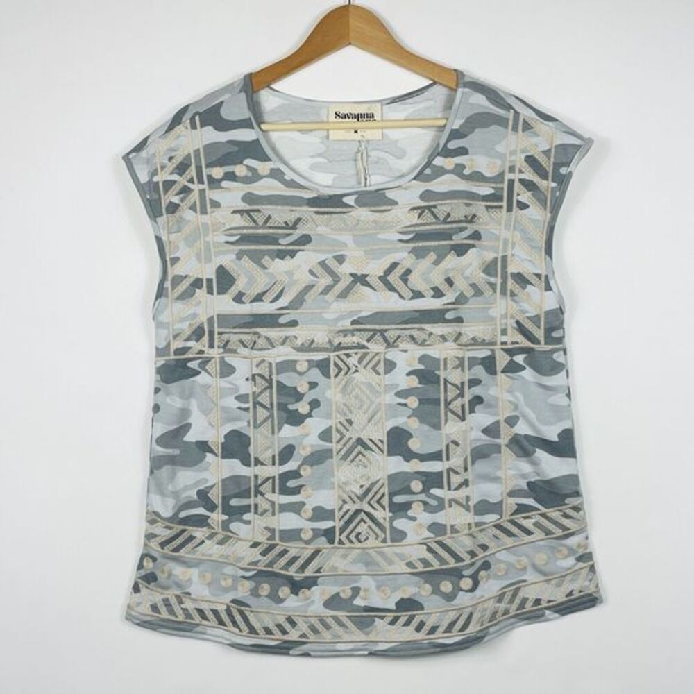 NEW Savanna Jane Shirt Women Medium Grey Camo Embroidered Native Boho Top